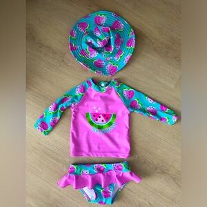6 month watermelon rashguard ruffle swim suit with hat EUC